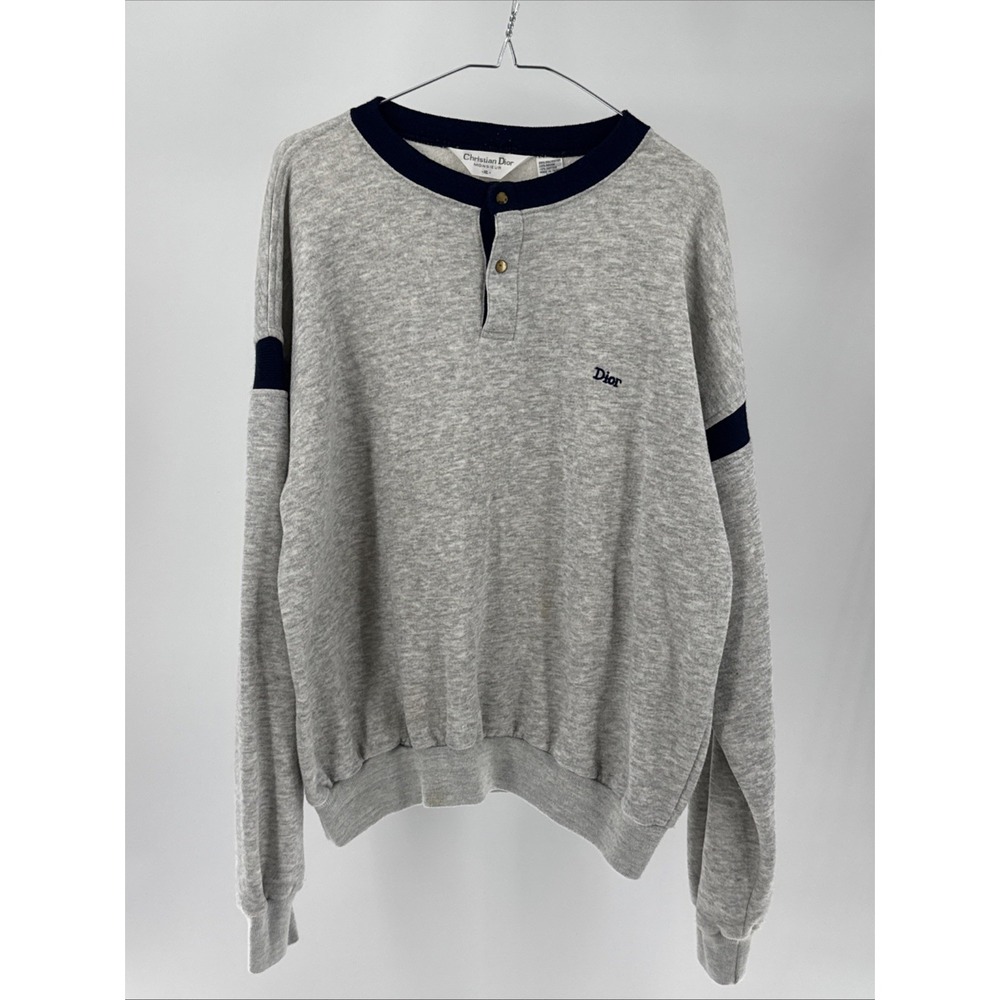 Vintage Christian Dior Monsieur Sweater Men's XL Gray Navy Henley Logo Pullover